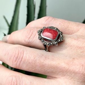 Red Stone and Marcasite 925 Silver Ring Sz 5.25